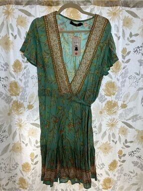 Boho Floral Wrap Dress in Teal with Lace Trim